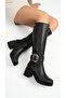 Women's Leather Look Large Buckle Detailed Zippered Thick Heeled Below the Knee Boots