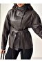 Belted high collar leather jacket brown - 5