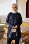 Navy Blue Floral Embroidered Cold Yarn Knitwear Tunic - 4