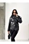 Belted High Collar Leather Jacket Black