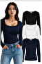 Set of 3 U-Neck Long Sleeve Ribbed Cotton Blouse T-Shirts