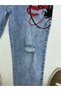 Plus Size High Waist Washed Denim Ripped and Stone Embellished Print Detailed Women's Trousers - 7