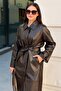 Shirt Collar, Front Hidden Buttons, Lined Leather Coat - 5