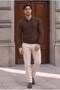 Kieslowski Thin Hair Knit Crew Neck Buttoned Men's Sweater - Dark Brown - 4