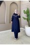 Women's 2-Piece Set Hooded Long Coat Trousers Double Crepe Comfortable Cut Daily Hijab Set N-05539 _ Navy Blue - 2