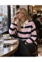 Women's Striped Long Sleeve T-Shirt Pink Navy Blue Polo Collar Buttoned Oversize Rugby Model - 8