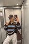 Istanbul Women's Brown Polo Collar Oversize Striped Knitwear Sweater