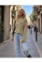 Women's Yellow Navy Blue Striped Los Angeles Star Printed Crew Neck Long Sleeve Oversize T-Shirt - 6
