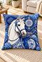 Blue and White Horse and Peacock Patterned Decorative Throw Pillow Cover 43X43 cm – (Double Sided) - 6