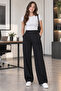 Women's High Waist Cross Buttoned Wide Leg Cross Zipper Pleated Black Pants - 4