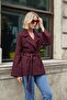 Women's Cashmere Raglan Sleeve Pocketed Collared Lace-Up Coat - Plum - 2