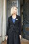 Women's Velvet Denim Collared Long Sleeve Mono Jacket with Pocket Flaps - Navy Blue - 3