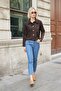 Women's Velvet Denim Collared Pocketed Long Sleeve Short Jacket-Brown
