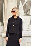 Women's Velvet Denim Collared Pocketed Long Sleeve Short Jacket-Navy Blue - 2