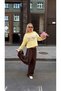 Women's New York City Text Printed Yellow Crew Neck Long Sleeve Oversize Crop Sweatshirt - 6