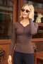 Women's Stretchy Ribbed Camisole Fabric Zero Collar Long Sleeve Body Blouse with Patches - Brown - 2