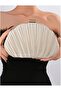 Shell Shaped Evening Clutch Purse, Beige Pleated Design with Gold Hardware, Detachable Chain Strap,F - 2