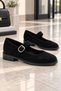 Clara Women's Black Suede Belted Mary Jane Ballerina Shoes with Orthopedic Soles