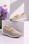 Ultra Luxury Summer Shoes with Full Orthopedic Soles and Heart Buckle, Daily Denim Beige Women's Ballerina Shoes - 2