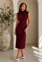 Women's Half Turtleneck Shoulder Drape Detailed Zippered Crepe Fabric Midi Length Dress - 6