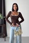 Women's Long Spanish Sleeve Square Collar Lace Trim Sandy Fabric Blouse - 4