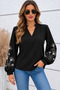 Women's V-Neck Long Sleeve Balloon Sleeve Floral Embroidered Cuffed Woven Blouse Timeless Elegance - 4