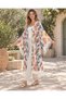 Ecru Color Tropical Leaf Patterned Long Kimono with Tassels - 7