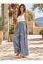 Blue Color Floral Patterned Belt Detailed Wide Leg Linen Trousers - 4