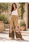 Tan Color Floral Patterned Belt Detailed Wide Leg Linen Trousers - 3