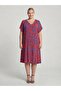 Mother Red Blue Mosaic Patterned V-Neck Short Sleeve Summer Viscose Dress Hijab Plus Size - 7