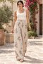 Beige Color Floral Patterned Belt Detailed Wide Leg Linen Trousers - 5