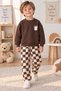 Boy's Checkered Patterned 3-Strand Non-Padded 100% Cotton Top and Bottom Set