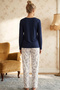 Navy Blue Patterned V-Neck Embroidered Viscose Knitted Pajama Set 26224644 - 3