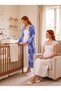 New Season Ecru Navy Blue Patterned Design with Easy Breastfeeding Feature, Lace Detailed Wide Straps, 100% Cotton Maternity Nightgown Set - 5