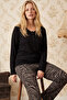 Black Patterned Buttoned Viscose Knitted Pajamas Set 26224676