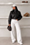 Women's Oversized Stand Collar Pocket Zipper Short Epaulet Leather Bomber Jacket - 3