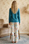Green Patterned V-Neck Buttoned Ruched Viscose Knitted Pajamas Suit 26224611 - 3