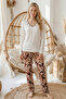 Ecru Patterned V-Neck Embroidered Viscose Knitted Pajama Set 26224657 - 2