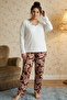 Ecru Patterned Embroidered Large Size Oversized Viscose Knitted Pajama Set 26224843 - 2