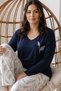 Navy Blue Patterned Embroidered Large Size Oversized Viscose Knitted Pajama Set 26224830