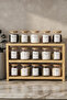 3-Tier Wooden Stand with 15 Spice Jars Set, 300 ml Glass Jars with White Labels, Spice Storage Container Organizer
