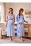 New Season Blue Patterned Design with Easy Breastfeeding Feature, Lace Detailed Wide Straps, 100% Cotton Maternity Nightgown Set - 6