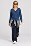 V-Neck Draped Viscose Blouse Lrn0073 Indigo Blue - 2