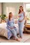 New Season Blue Patterned Special Design Lace Detailed Summer 100% Maternity Pajama Set with Breastfeeding Feature - 4