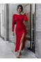 Women's Long Sleeve Side Gathered Slit Detailed Slit Lycra Long Asymmetrical Skirt Dress - 3