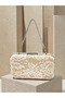 Beige Color Z.A.R.A Satin over Lace Embroidered Silver Detailed Chain Strap Women's Evening Dress Bag Wedding Engagement Graduation - 3