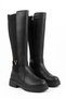 Kunlas V Buckle Back Stretch Flat Sole Women's Boots Black Leather - 2