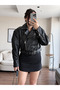 Black Padded Belted Oversize Cropped Leather Jacket - 8