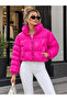 Women's Stand-Up Collar Zippered Crop-Length Shiny Patent Leather Look Puffer Coat Df6009 - 4