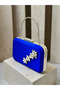 Saks Blue Satin Silver Metal Detailed Crystal Stone Embroidered Chain Strap Women's Evening Dress Bag Wedding Engagement Graduation - 6
